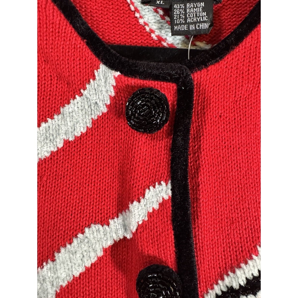 VTG Berek Beaded Fringe Cardigan Sweater XL -Red Black Gray Zebra Stripe NOS NWT - Picture 4 of 16